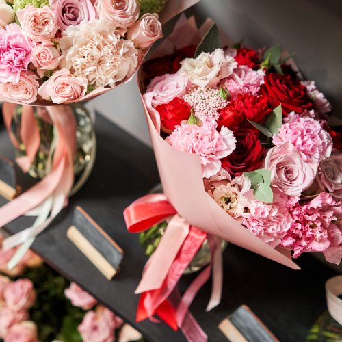Ready-made bouquets for sale. Many different flowers on Showcase. Background of mix of flowers. Beautiful flowers for catalog or online store. Floral shop and delivery concept. High quality photo